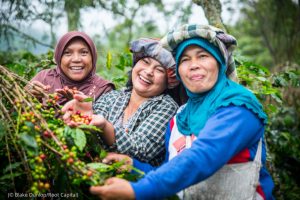 umang village, bebesen sub district. coffee farmers (members of kopepi ketiara cooperative). bu husnaini in the plaid shirt, bu aini ibrahim with blue scarf, and rahmah with brown scarf